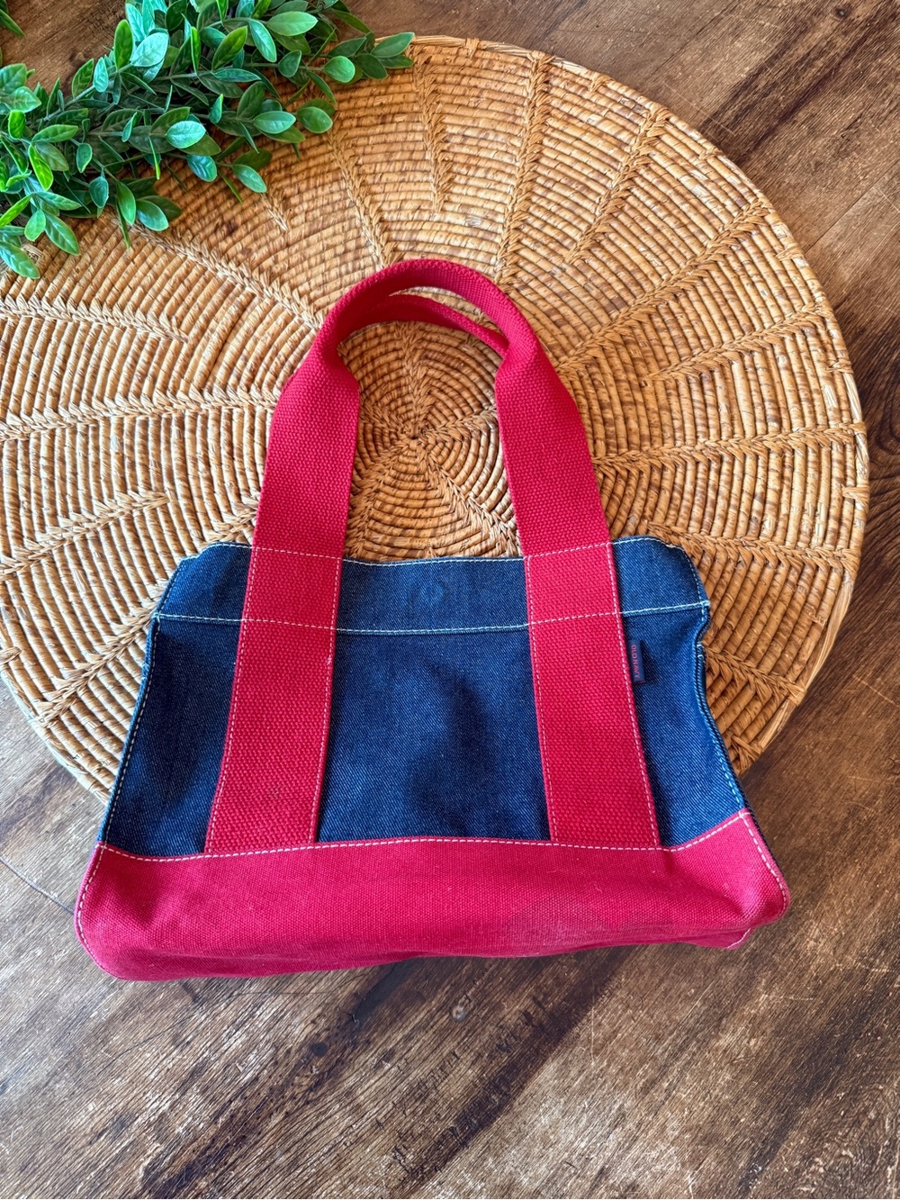 Old Navy Denim Tote Bag with Red Straps and Dark Blue Body